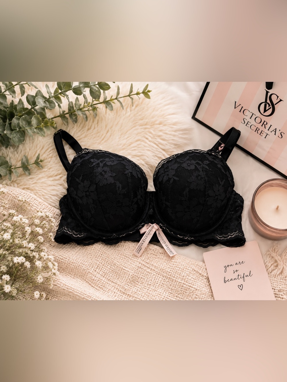 Victoria's Secret Black Lace Underwire lined Demi Bra with Bow Accent
